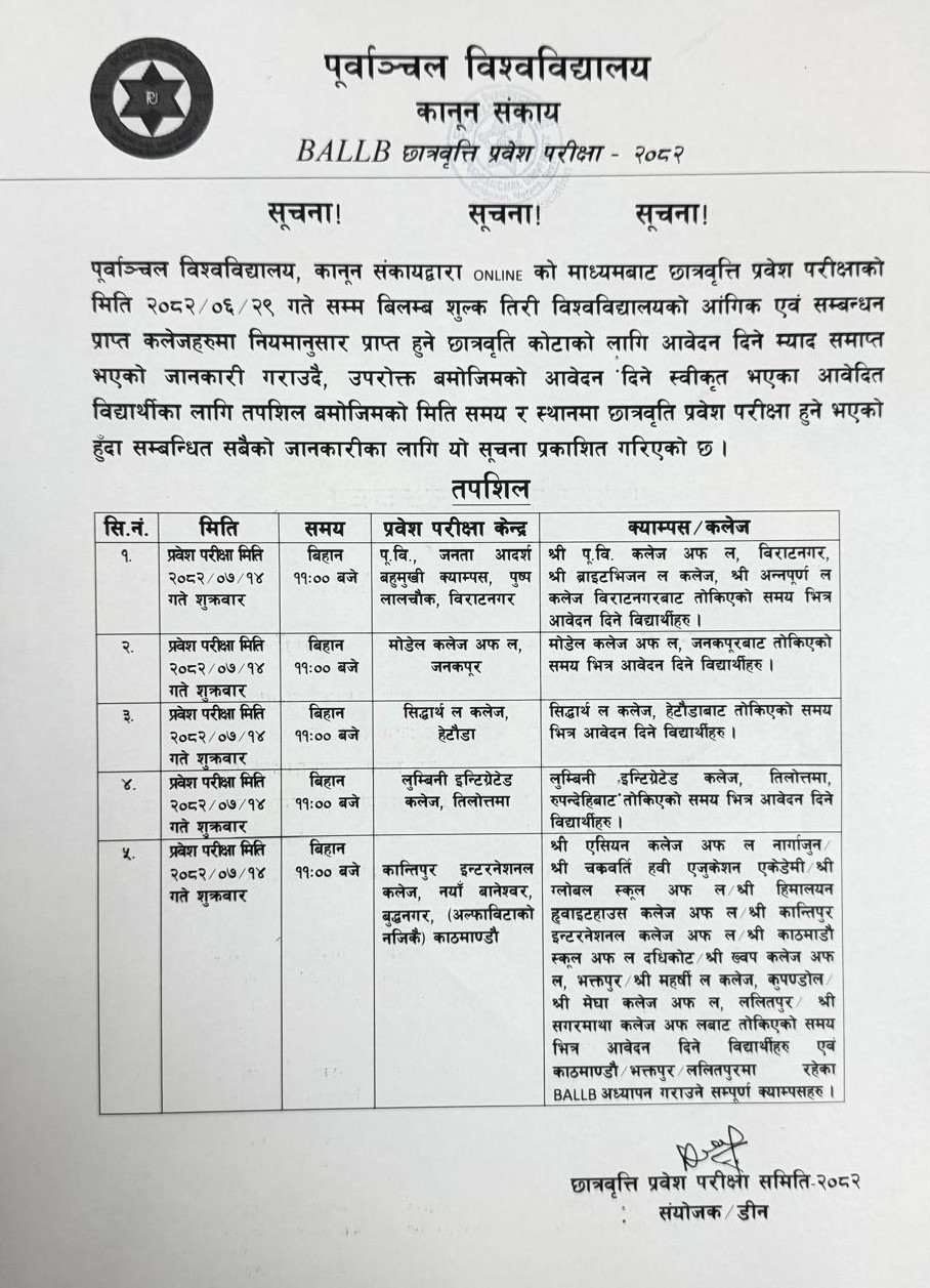 BALLB छात्रवृत्ति प्रवेश परिक्षा मिती, समय र स्थान सम्बन्धि सूचना